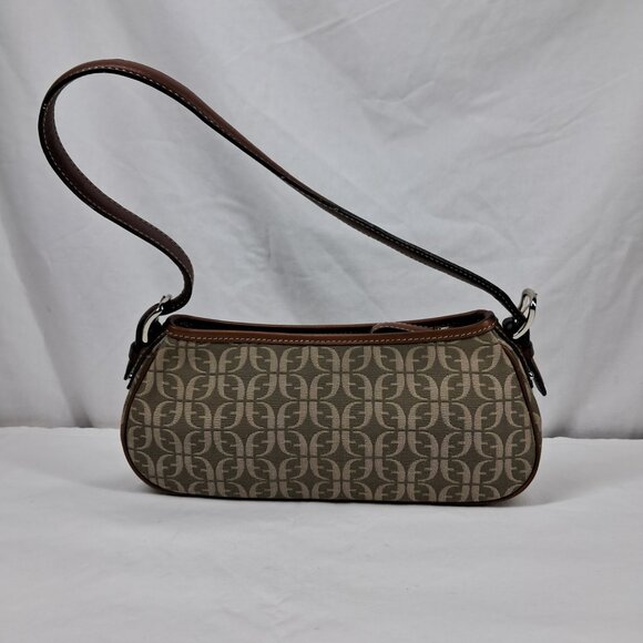 Vtg Fossil Brown Green Signature Jacquard Fabric Leather Trim Shoulder Demi Bag - Picture 3 of 14